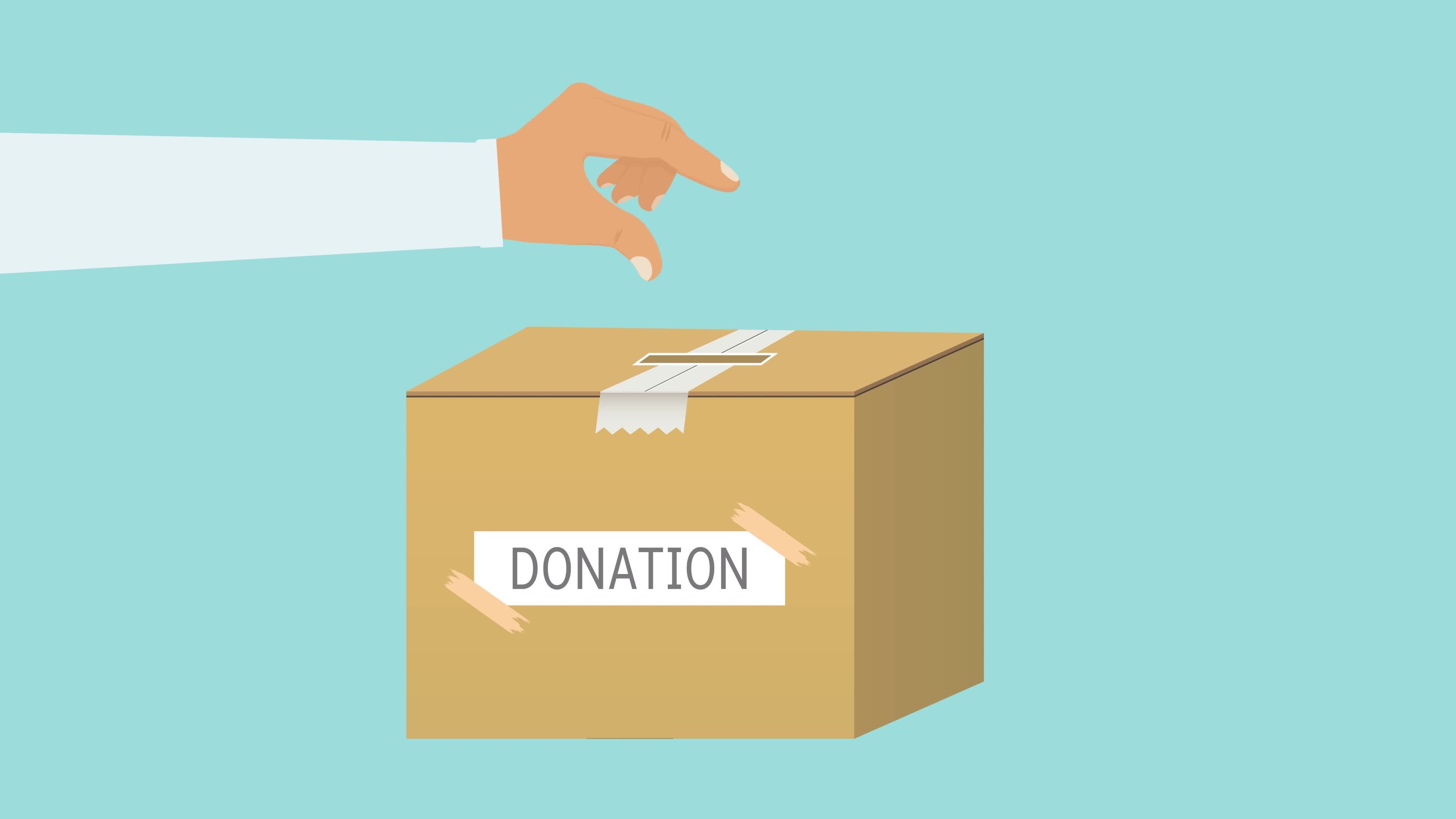 Hands giving charity to a donation box 4K animation. Men raising funds