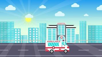 ambulancia que llega al hospital en una animación de área urbana 4k. una ambulancia se detuvo frente a las imágenes del hospital. concepto médico con un edificio de hospital y una animación plana de ambulancia. video