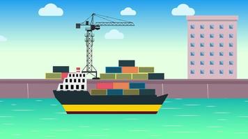 transporte de carga con una animación de barco 4k. barco cargando contenedor de carga en material de archivo del astillero. transporte de carga usando un barco, animación de concepto de logística global. contenedor de carga de buques de carga.