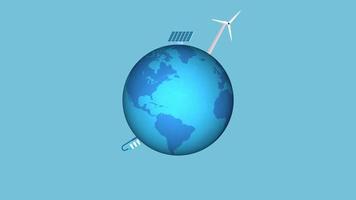 concept d'alimentation électrique naturelle avec un globe, des moulins à vent et une animation 4k de panneaux solaires. production d'électricité respectueuse de l'environnement et sauvegarde des images du concept de l'environnement. animation de production d'énergie naturelle. video