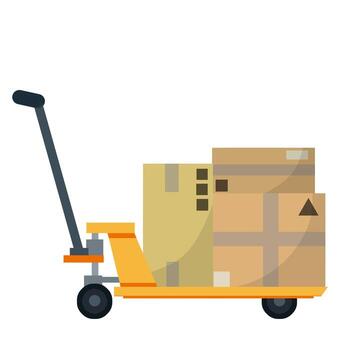 Cart with crates. Industrial shipping. Box with package. Loading, Storage and logistics in warehouse. Handcart on wheels with load. Flat Platform trolley vector