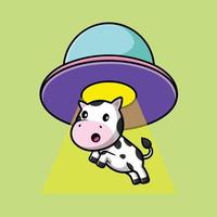 Cute Cow Sucked In UFO Spacecraft Cartoon Vector Icon Illustration. Animal Technology Icon Concept Isolated Premium Vector