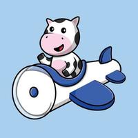 Cute Cow Flight With Plane Cartoon Vector Icon Illustration. Animal Transportation Icon Concept Isolated Premium Vector.