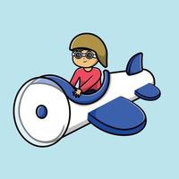 Cute Boy Flight With Plane Cartoon Vector Icon Illustration. People Transportation Icon Concept Isolated Premium Vector