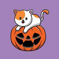 Cute Cat On Pumpkin Halloween Cartoon Vector Icon Illustration. Animal Halloween Icon Concept Isolated Premium Vector.