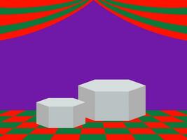 The purple backdrop consists of curtains and a red and green floor with a display stand. vector