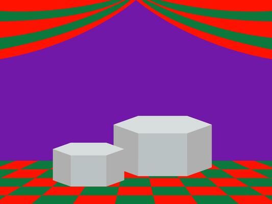 The purple backdrop consists of curtains and a red and green floor with a display stand.