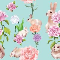 Set of rabbits hiding in flowers watercolor style vector illustration  seamless pattern on mint