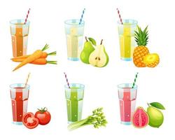conjunto de varios jugos de frutas y verduras ilustración aislado sobre fondo blanco vector