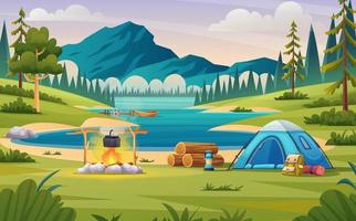 Summer camp concept with mountain and lake landscape illustration vector