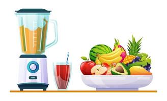 Smoothie in blender mixer with various fresh fruits vector illustration