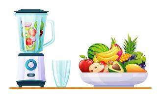Smoothie in blender mixer with various fresh fruits illustration vector