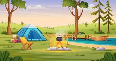 paisaje de campamento matutino con colinas y vista al lago ilustración vector