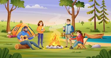 People enjoying nature camp in countryside with hills and lake landscape illustration vector