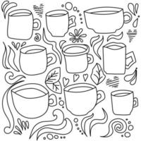 Doodle vector illustration set of cups, cute elements curls and hearts for creativity and design