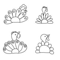 Set of outline vector illustration thanksgiving turkey, hand draw coloring birds back view
