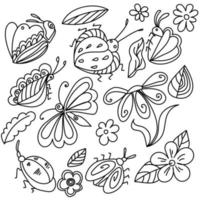 doodle fantasía insectos y elementos de la naturaleza para el diseño vector