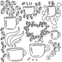 juego de café de fideos, tazas con bebida caliente y granos de café, letras y elementos decorativos vector