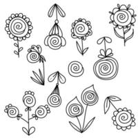 A set of decorative doodle flowers based on a spiral, with decorative petals and leaves, vector