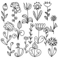 conjunto de flores de doodle de fantasía con hojas, sombreado y pétalos de varias formas vector
