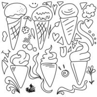 Ice cream cone doodles with waffle structure, decorative elements in the shape of a heart, curls, triangles and waves, vector outline illustration