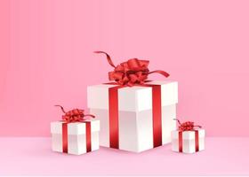 Caja de regalo 3d con una cinta roja para celebración de cumpleaños, navidad, día de san valentín vector