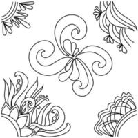 Set of doodle outline corner frames and decorative element, vector
