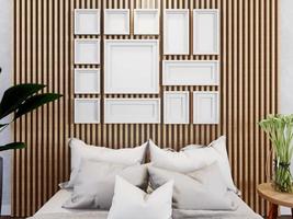 maqueta del marco del cartel en el piso de madera interior moderno detrás de la cama en el dormitorio con algunos árboles aislados en fondo claro, 3d renderizado, 3d ilustración