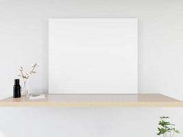 maqueta del marco del póster en el interior moderno del piso de madera en la sala de estar con algunos árboles aislados en un fondo claro, presentación en 3d, ilustración en 3d