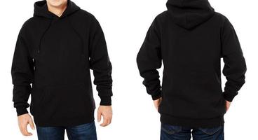 Man hoody set, black hoody front and back view, hood mock up. Empty male hoody copy space. Front and rear background photo