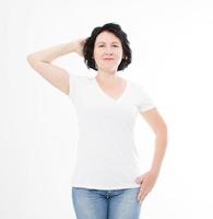 middle age woman in t-shirt on white background. Mock up for design. Copy space. Template. Blank photo