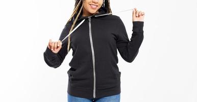 Happy Afro American Girl In Black Sweatshirt On White Background Isolated. Black Woman in hoodie mock up cropped image photo