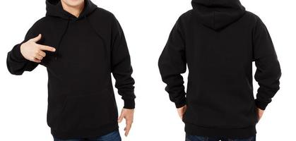 Man hoody set, black hoody front and back view, hood mock up. Empty male hoody copy space. Front and rear background photo