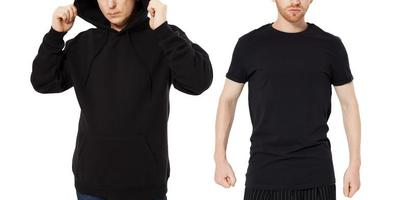 Black Hoody T-shirt mock up set isolated front view, man in black hoody and man in t shirt mockup set isolated on white background. Two guys in empty black hoodie and tshirt collage photo
