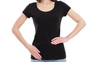 t-shirt design concept - white woman in blank black t-shirt mock up photo