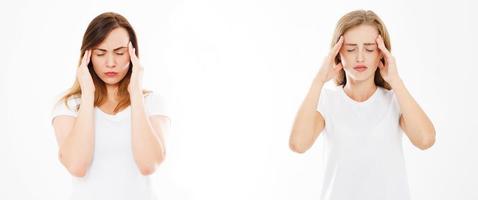 set,collage suffering womens isolated on white background,woman's headache,female migraine. Modern medicine, help people photo