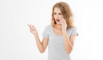 Angry dissatisfied woman calling customer support or mobile banking, displeased client complaining about bad service, arguing on phone. Girl having conflict during telephone conversation photo