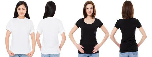 korean and white woman in blank white and black t-shirt  front and back views, mock up, design template photo