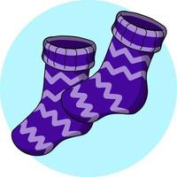 A set of bright purple warm soft socks for winter with a zig-zag pattern. Vector illustration on a round blue background, badge, emblem, card