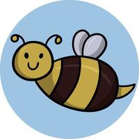 Cute little bee smiles, vector cartoon children's illustration on a round blue background