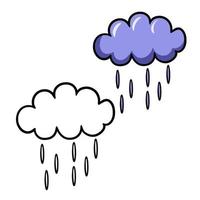 A set of color and sketch drawings, A dark cloud with raindrops, it's raining, vector illustrations on a white background to indicate the weather