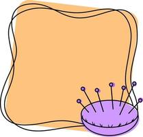 marco cuadrado naranja con un espacio vacío para inserción, para costura, almohada lila para agujas, dibujo con una línea vector