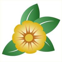 Decorative yellow flower with green leaves, vector illustration