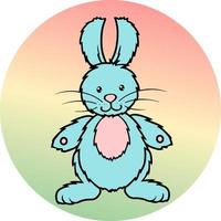 lindo conejito de peluche, conejo con piel azul sobre un fondo multicolor, icono de emblema, ilustración vectorial vector
