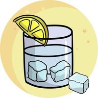 Glass transparent glass with water, ice cubes and lemon, cartoon vector illustration