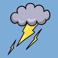 Dark gray cloud with lightning and thunderstorm, rain is coming, cartoon vector illustration on blue background