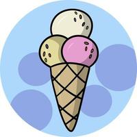 postre frío dulce, helado de vainilla y fruta en una taza de gofre, cono, ilustración vectorial de dibujos animados en un fondo azul redondo vector