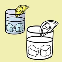 A set of monochrome and color images. Glass glass with lemon and ice cubes, vector cartoon illustration close-up on a yellow background