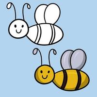 The set of images is monochrome and color. Little bee smiles, vector cartoon children's illustration on a light blue background