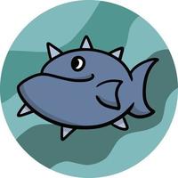 Large gray fish with sharp spikes, vector cartoon illustration on a green round background